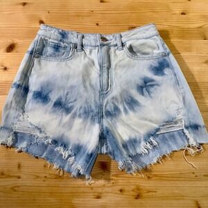 American Eagle Denim Booty Shorts Tie Dye Distressed Frayed Comfort Stretch Sz 2